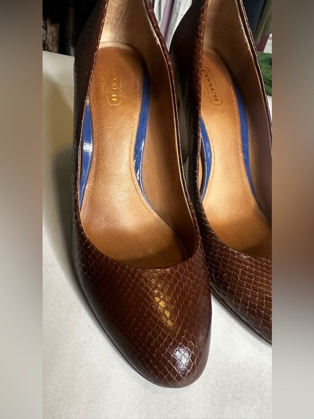 COACH Brown Textured Leather Pointed-Toe Pumps - Picture 3 of 7